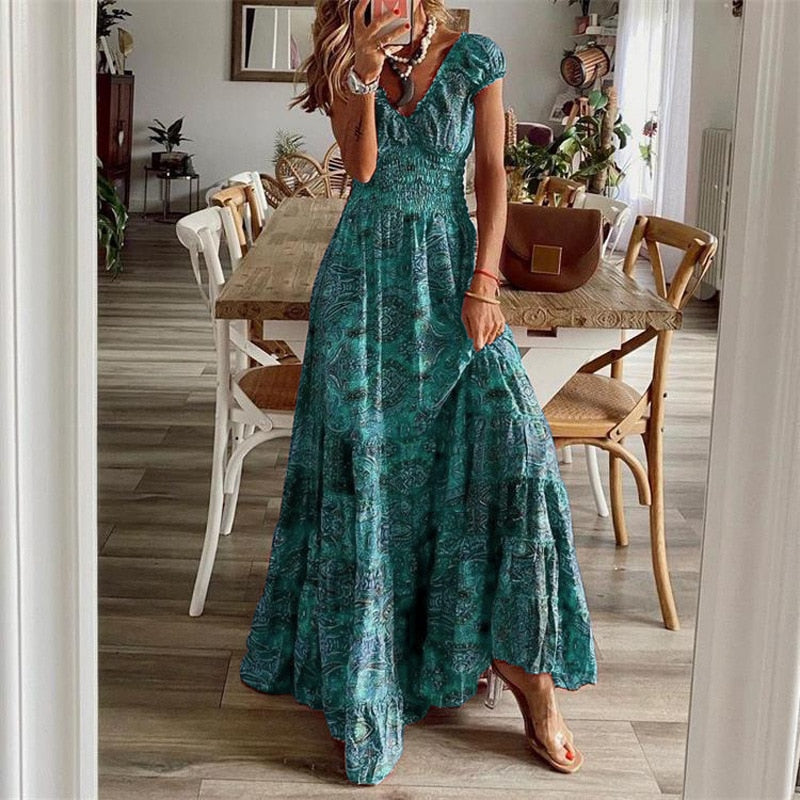 Summer Vintage Long Dresses Women Bohemian Elegant Floral Print V Neck Robe Beach Holiday Casual Big Swing Maxi Dresses