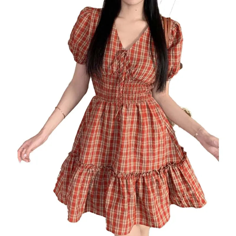 Summer New Beautiful Orange Red Plaid V-neck Pastoral Style Girlish Sweet Dress Woman