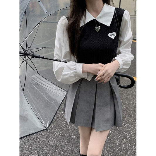 Sweet Japanese Girl Fashion 2 Piece Skirt Sets Long Sleeve Patchwork Shirt Top&amp;High Waist Pleated Mini Skirt 2pc Dress Outfits