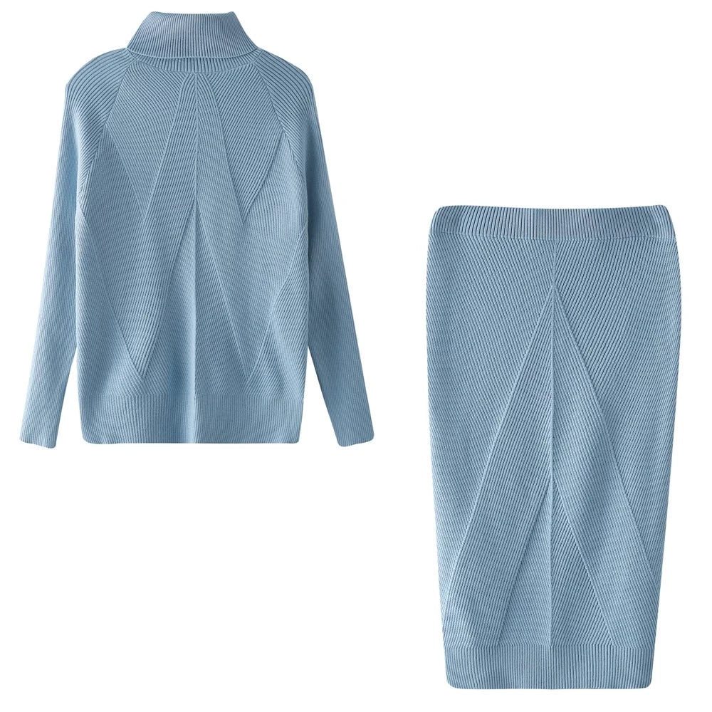 Autumn Women's Knitting Costume Turtleneck Solid Color Pullover Sweater + Slim Skirt Two-Piece Set