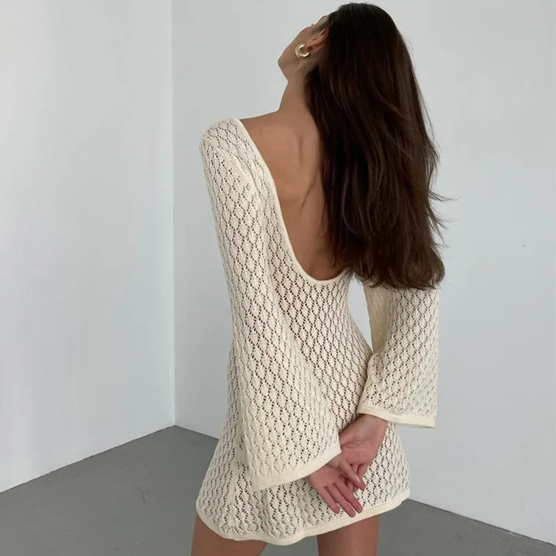 YESMYTOOL  -  Knitted Hollow Beach Short Dress 2024 Spring Summer New Solid Color Long Sleeve V-neck Backless Cover Up Party Clubwear