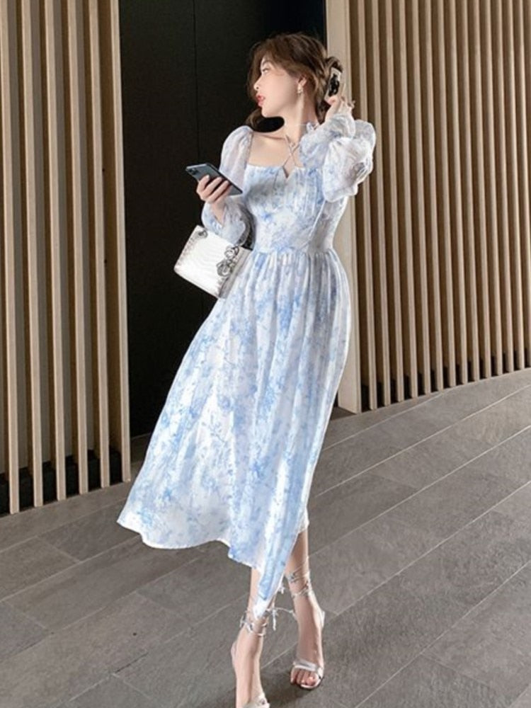 Women Summer Casual Elegant Midi Dress Ladies Vintage Long Sleeve Party Vestidos Female Holiday Clothes