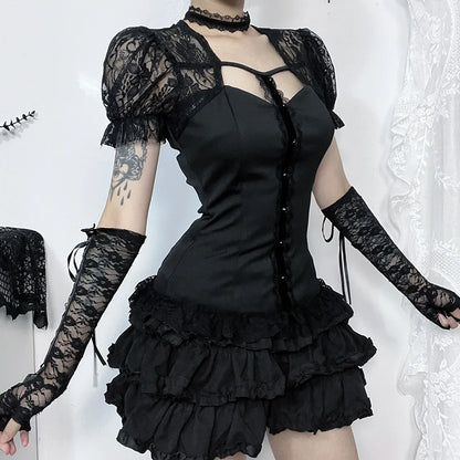 Fairycore Lace Patchwork Puff Sleeve T-Shirts Lady Elegant Blouse Sexy Hollow Out Slim Tops Mall Gothic Techwear Cloth