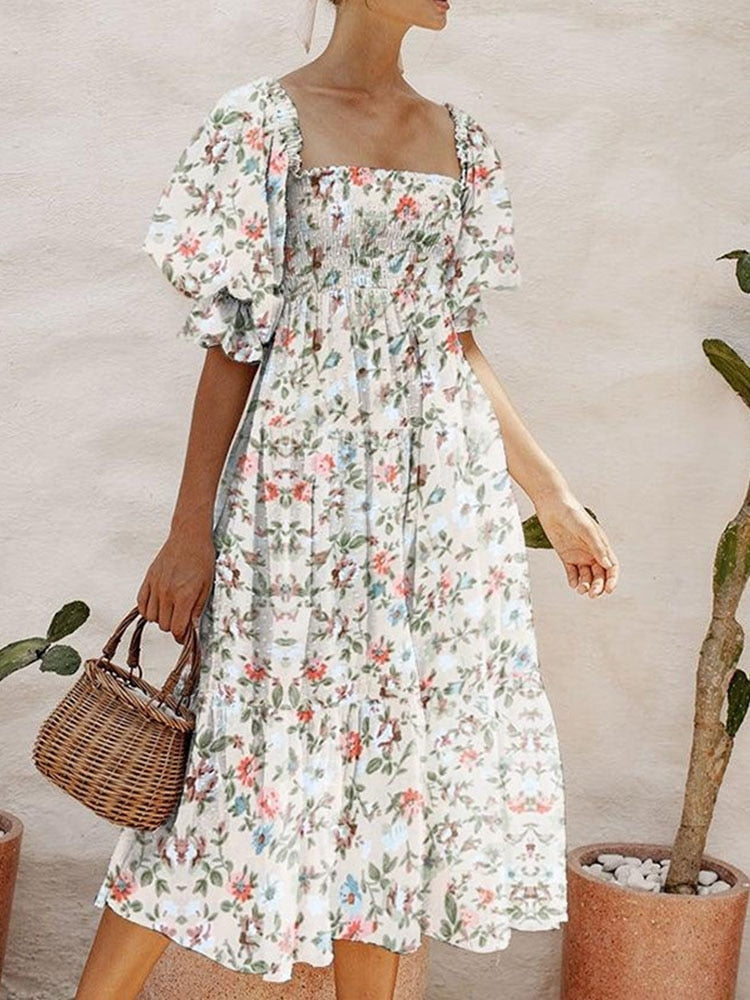 Summer Casual Short Sleeve Floral Print Mini Dress Women Fashion Puff Sleeve Loose Dress Elegant Square Collar Beach Party Dress