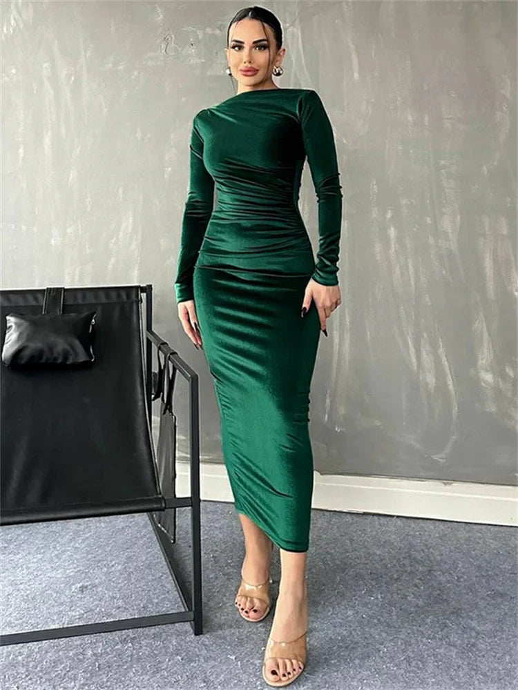 Pleated Solid Slim Maxi Dress For Women High Waist Long Sleeve Patchwork Elegant Fashion Party Dress Ladies Long Dress New