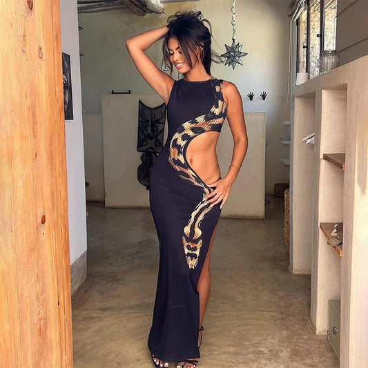 YESMYTOOL  -  Snake Printed Hollow Out Long Dress 2024 Summer New Round Neck Sleeveless High Waist Split Slim Fit Vestidos Party Streetwear