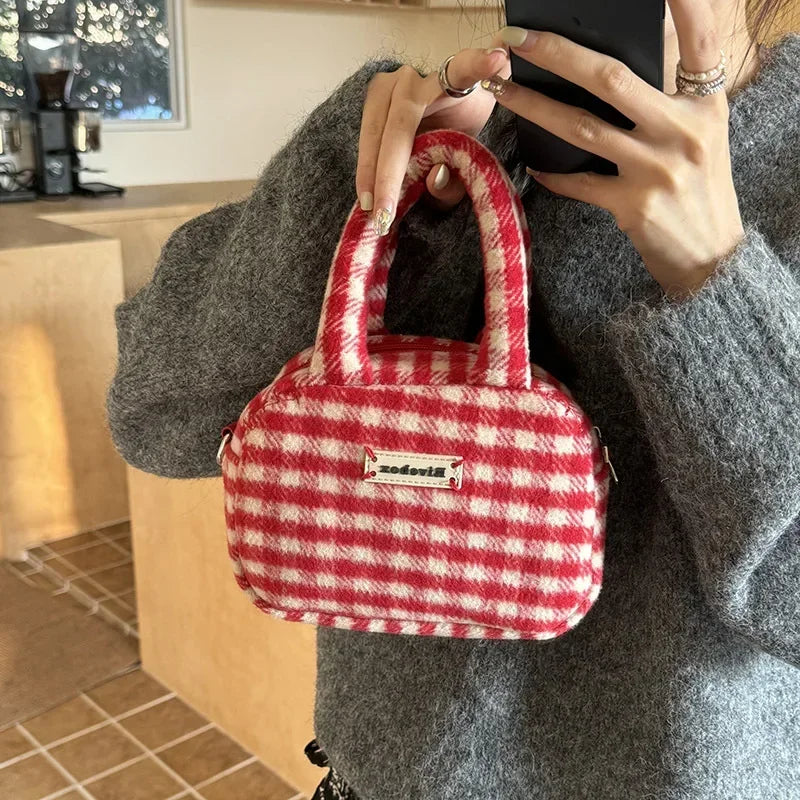 Vintage Cute Handbag for Women Red Plaid Letter Soft Kawaii Crossbody Bag Autumn Winter New Luxury Designers Shoulder Bag