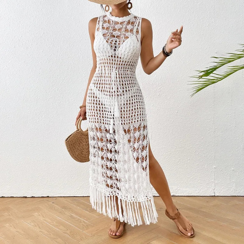 YESMYTOOL  -  Knitted Jacquard Hollow Bikini Cover Up 2024 Summer Sleeveless Crew Neck Split Tassel Beach Dress Vacation Swimwear