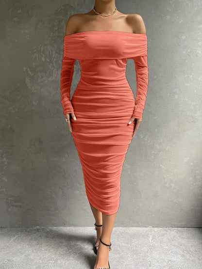 Shoulder Mesh Party Dress Women Clothing Sexy Club Backless Ruched Bodycon Dresses Long Sleeves Autumn Vestidos