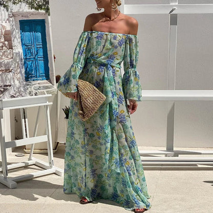 YESMYTOOL  -  Bohemian Vacation Chiffon Long Dress Ladies Slash Neck High Waist Party Dress Fashion Floral Print Flare Sleeves Beach Dresses