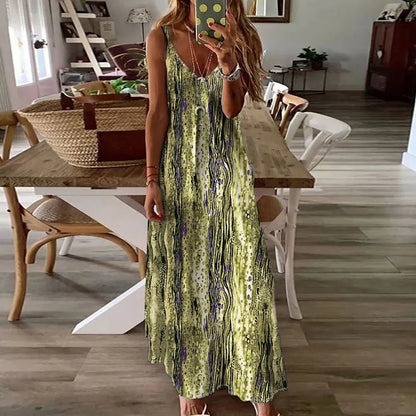 YESMYTOOL  -  2024 Summer Bohemian Long Dress Women's V-neck High Waist Pattern Printed Dress Casual Hollow Sleeveless Spaghetti Strap Dresses