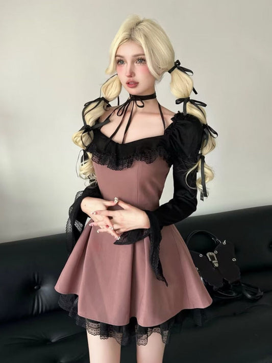 Y2k Gothic Baby Doll Lolita Dress Women Harajuku Korean Patchwork Slash Neck Long Sleeve Mini Princess Prom Dresses