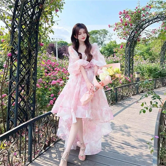 Women's Bubble Sleeves Pink Formal Occasion Evening Dress Elegant and Beautiful Retro Fragmented Flowers Sweet Mid Length Dress