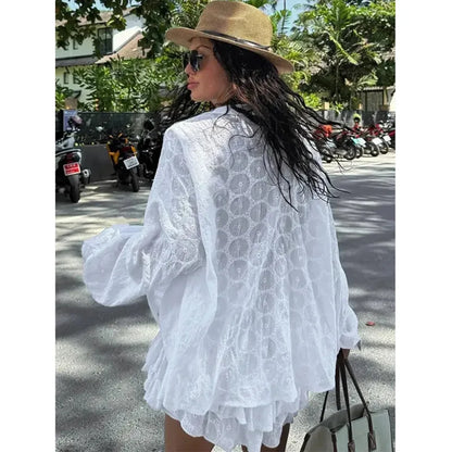 dingdamall  -  High Street White Long Sleeve Shirt Suits Stand Collar Button Top Pleated Shorts Two Piece Sets Beachwear Casual Suits For Women