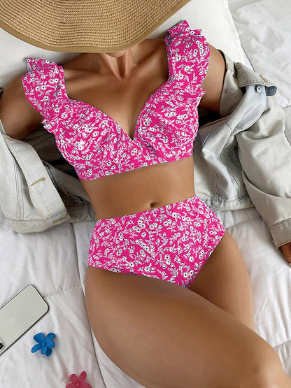 Women New Solid Color Pleated Lace Bikini Two Piece Ruffle Backless Button Up Deep V Swimwear Sexy High Waist Push Up Swimsuit