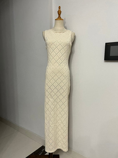 Summer Knitted Beach Dress for Women Sexy Hollow Out Bodycon Party Dresses Club Outfits Elegant Sleeveless Slit Maxi Dress