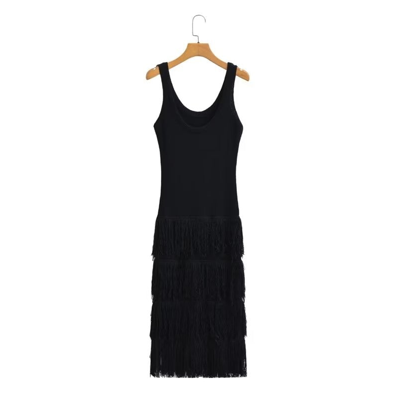 Women Solid Tassel Knitted Dresses Summer Female O-Neck Sleeveless Sheath Strap Dresses Two Colors