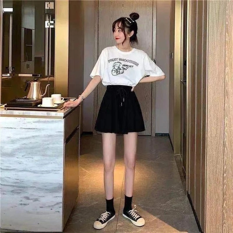 5Xl Summer Shorts Skirts Women Elastic High Waist Casual Wide Leg Shorts Korean A Line Loose Mini Skirt Black Short Pants