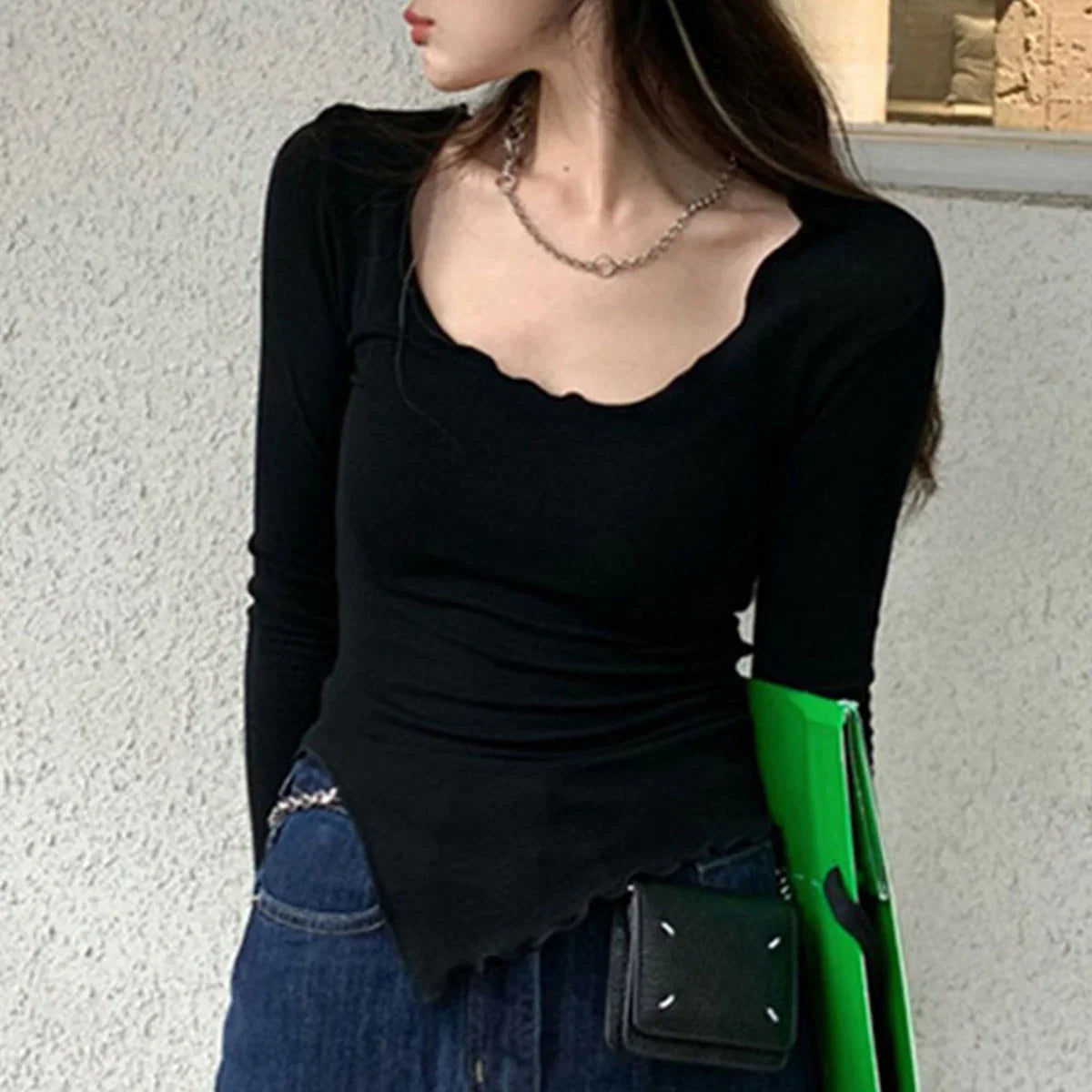 Long Sleeve T-shirts Women Fungus Line Irregular Hem Knitted Slender Autumn Bottoming Tees Chic Fashion Sexy Solid Ulzzang New