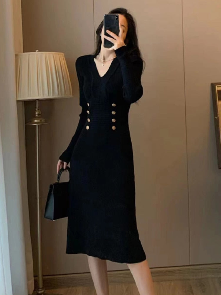 Women Winter Sheath Elegant Midi Knitted Dress Sexy V-neck Long Sleeve Wool Blend Warm Design Knitting Clothing Winter