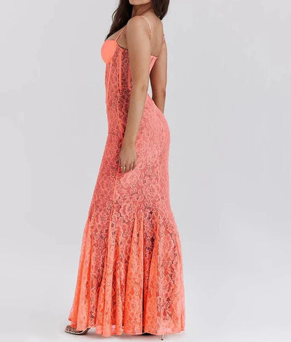 Floral Lace Sexy Maxi Dress For Women Orange Spaghetti Strap Sleeveless Backless Bodycon Club Party Long Dress Elegant