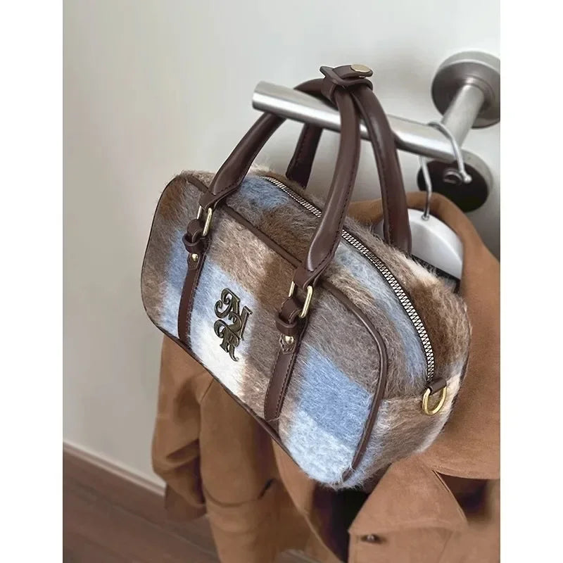 MBTI Vintage Plaid Womens Handbag College Style New Fashion Bowling Shoulder Bag Aesthetic Original Female Pillow Crossbody Bag