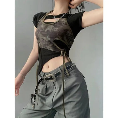 Vintage Camouflage Printed Mesh Halter Camisole Women+ Summer New Slim Fit Irregular Black T-shirts Y2k Grunge Two Piece Sets