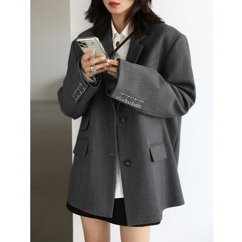 Women Office Lady Blazer Cuff Embroidery Wide Shoulder Twill Suit Women's Autumn Ladies Outerwear  Stylish Tops