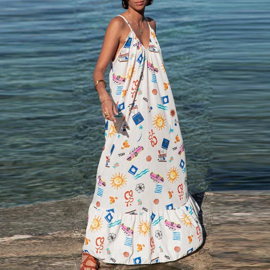 YESMYTOOL  -  2024 Summer Boho Vacation Loose Women Dress Sexy V-Neck Floral Print Beach Dress Casual Sleeveless Spaghetti Strap Long Dresses