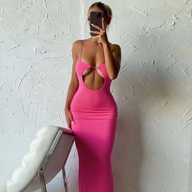 Women's Solid Color Dress Spaghetti Straps Round Cutout Slim Fit Suspender Long Dress Party Wear