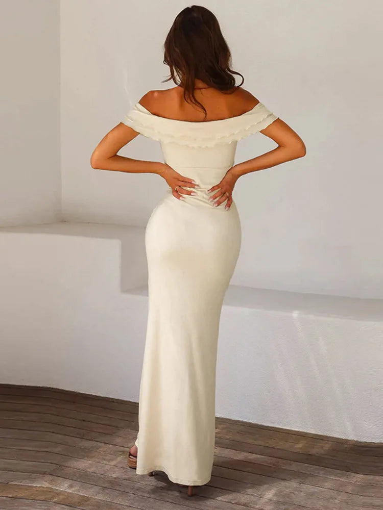 Strapless Off-shoulder Sexy Maxi Dress Women Apricot Fashion Sleeveless Backless Bodycon Club Party Long Dress Elegant