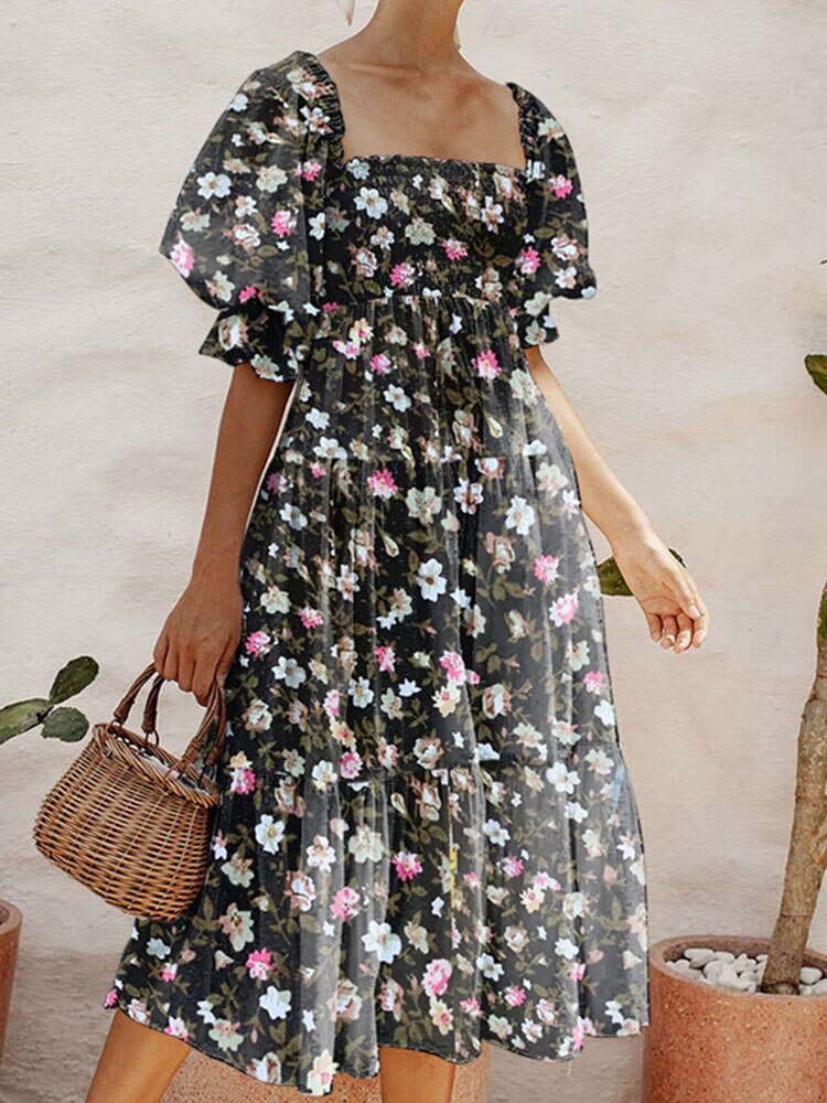 Summer Casual Short Sleeve Floral Print Mini Dress Women Fashion Puff Sleeve Loose Dress Elegant Square Collar Beach Party Dress