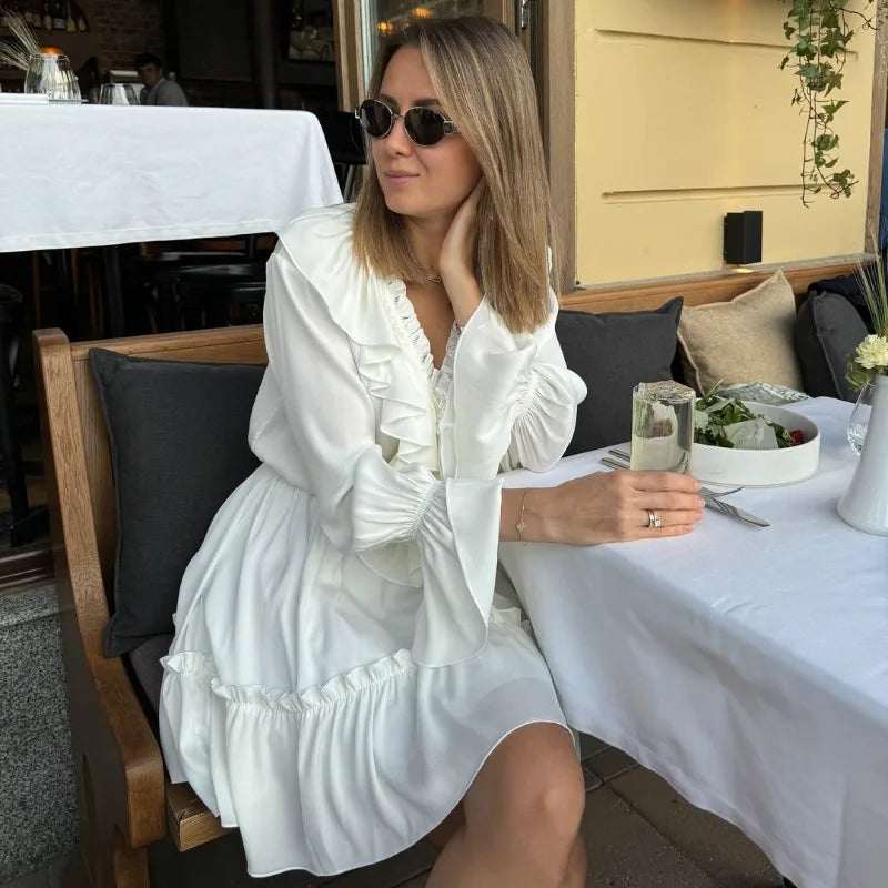 Deep V Neck Folds Dress Women Fashion Ruffle White Loose Long Sleeve Dresses Femme Street Casual Elegant Mini Dress Woman