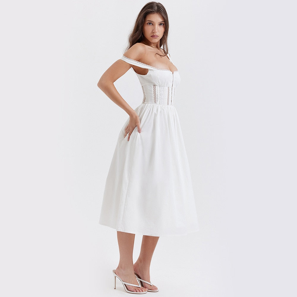 Summer Square Neck Sleeveless White Holiday Dress Elegant Lace Hollow Out A Line Party Dress with Lining Dress