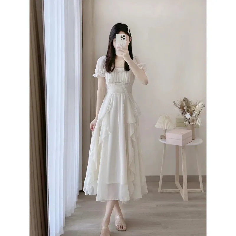 Women's Summer Dress Chiffon Fairy Solid Chic Party Midi Dress  New Korean White Elegant High Waist Slim Long Skirt Y2k