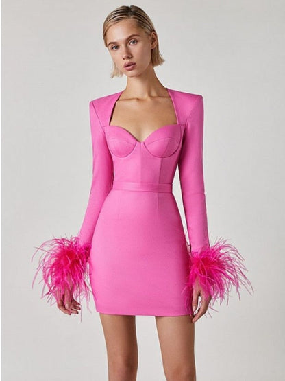 Women Winter Sexy Long Sleeve Feathers Hot Pink Black Mini Bodycon Bandage Dress Elegant Evening Party Dress