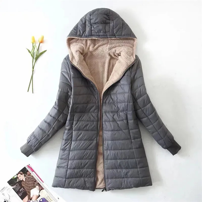 2023 Winter Mid-Length Hooded Cotton Jacket Women Autumn Lightweight Plush Lining Solid Ladies Parka Loose Female Zipper Outwear