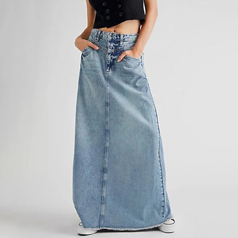 Vintage Denim Skirt Women's A-line Spring Dress New Retro Blue High Waist Slim Mid Length Dress Skirt Street Women Dresses