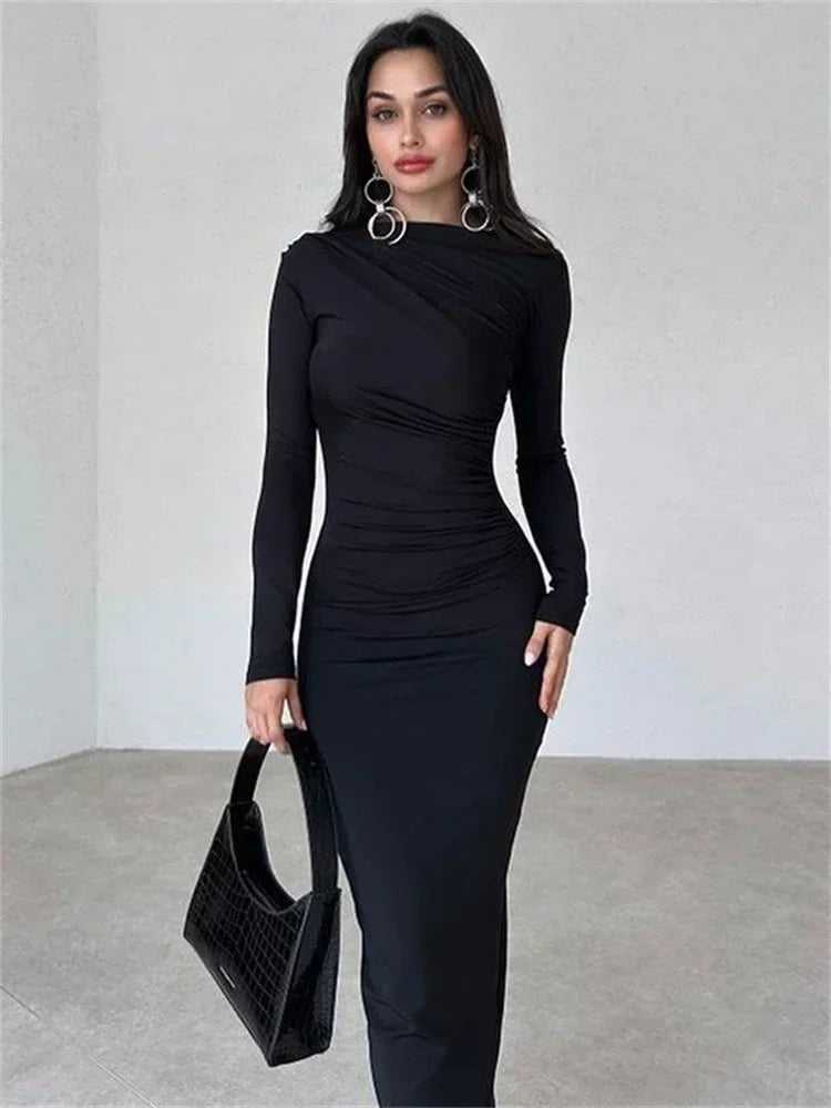 Pleated Long sleeved Slim Maxi Dress Women Solid Fashion Elegant Party Dress Gown Off-Shoulder High Waist Bodycon Dress