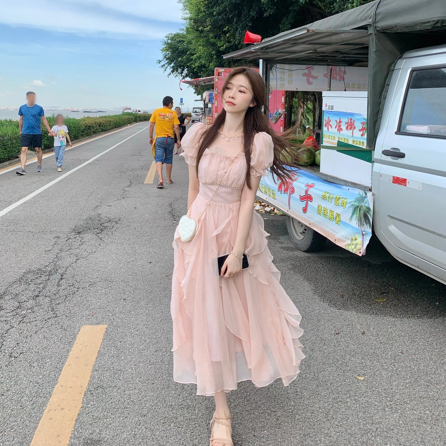 Summer Chiffon Fairy Dress Women Solid Elegant Party Midi Dress Female Casual Sweet Korean Fashion Pink Dress New Clothes