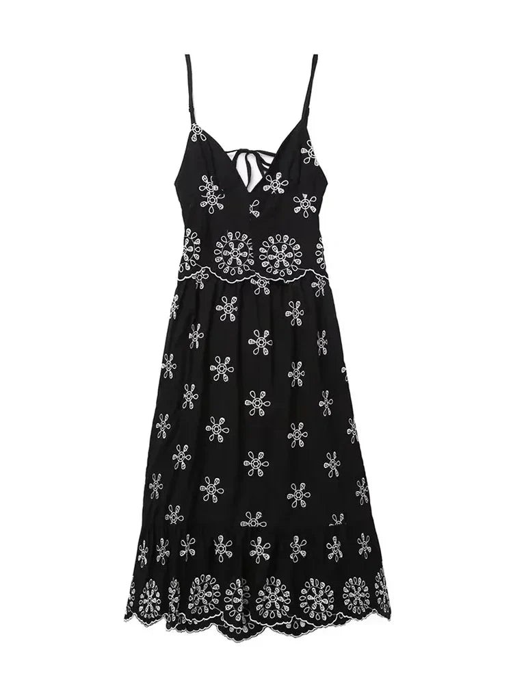 YESMYTOOL  -  Embroidery Boho Beach Summer Dress Women Black Cotton Vintage Sundress Smocked Tie Up Holiday Party Long Maxi Vestidos