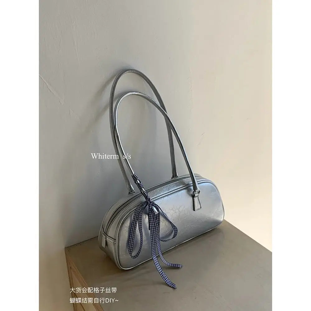 Silver Leather Womens Shoulder Bag Casual Korean Style Fashion Elegant Handbag Aesthetic Female Exquisite New Armpit Bag