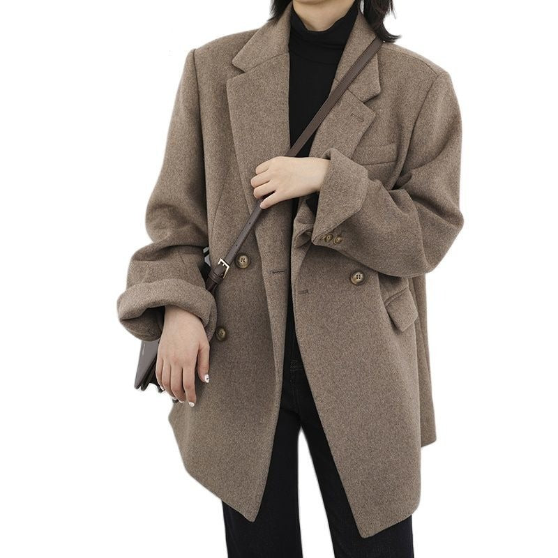 Women Wool Blend Coat Solid Mid Long Woolen Blazer Thick Warm Blouse Women's Overcoat Office Lady Tops Autumn Winter