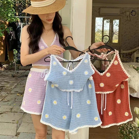 dingdamall  -  2 Piece Set Women Summer V-Neck Casual Crop Top 2024 Female Clothing Knit Embroidery Shorts Two Piece Beach Outfits