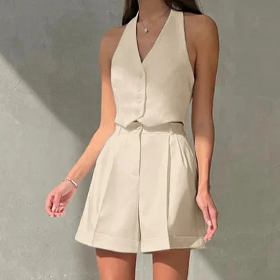 dingdamall  - Women Fashion Sleeveless Vest 2 Piece Sets Elegant V Neck Sleeveless Tank Summer Vintage Casual Shorts Outfits Work Clothes