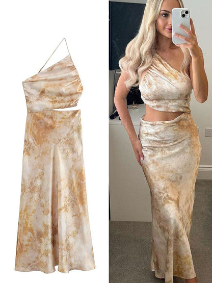 Women Summer New Casual Fold Tie-dye Sexy Dress Sleeveless Diagonal Collar Printed Backless Holiday Long Dresses Vestidos