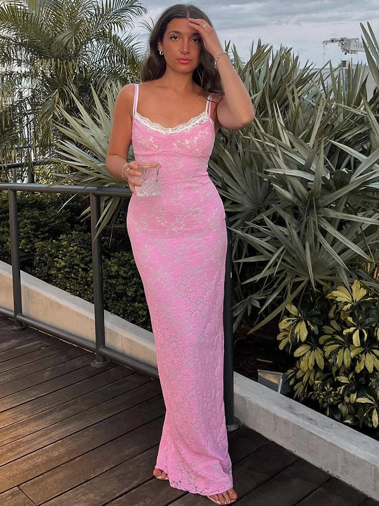 YESMYTOOL  -  Sexy See Through Lace Women Maxi Dress Pink Spaghetti Strap Evening Dresses Summer Vacation Elegant Party Beachwear