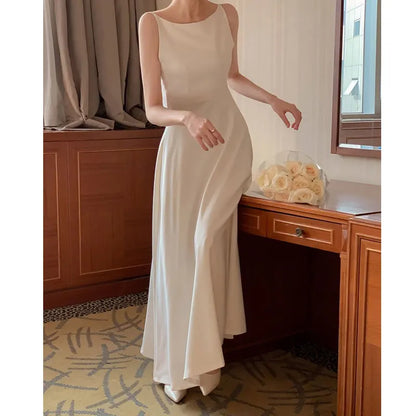 Korea Evening Party Long White Dress Elegant Solid Sleeveless Strap A Line Dress Beach Women One Piece Backless Black Dress