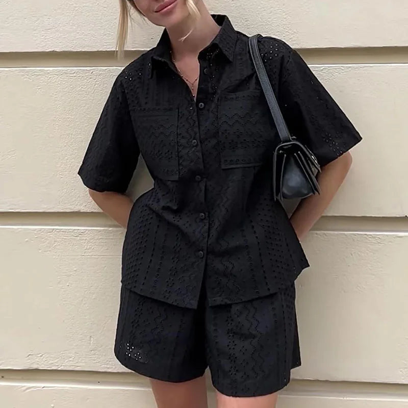 dingdamall  -  Casual Lapel Button Shirt and Shorts Suit Elegant Solid Color Pockets Summer Outfit Fashion Lace Hollow Out Women Two Piece Sets