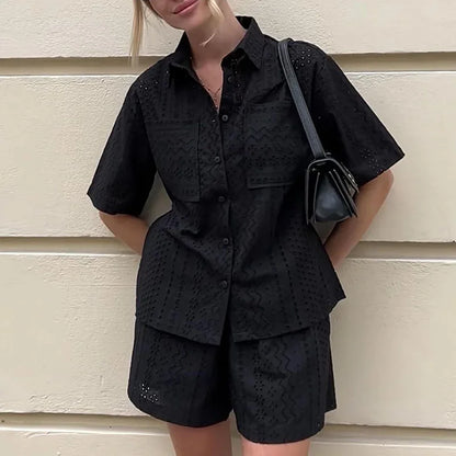 dingdamall  -  Casual Lapel Button Shirt and Shorts Suit Elegant Solid Color Pockets Summer Outfit Fashion Lace Hollow Out Women Two Piece Sets